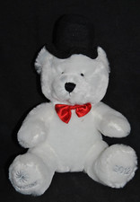?‍‍Peluche doudou ours NOCIBE 2012 blanc chapeau noir noeud rouge 29 cm assis