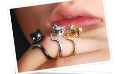 ANNEAU BAGUE PETIT CHAT + 5 PIERRES : NOIR, DORÉ OU ARGENTÉ..+ BOITE POUR OFFRIR