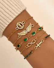 5x Bracelet Pierre Verte Aile Femme Fin Doré Or Ensemble Lot De Chaîne De Bijoux