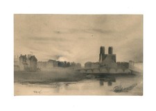 Coucher de soleil sur Paris (avant 1859) -  Dessin original ancien