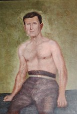 Belle Peinture Sur Bois Homme Torse Nu Lutteur Année 50 
