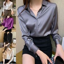 Faux Soie Femme Satin Uni Chemises Chemisier Haut Bureau Habillé Décontracté