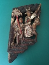 Ancienne sculpture bois CHINE élément mobilier peint PERSONNAGES 