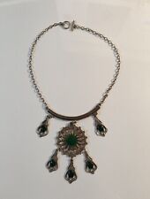 Bijou Ancien Vintage Collier Argenté Paris France Pendentif Perle Métal Vert 