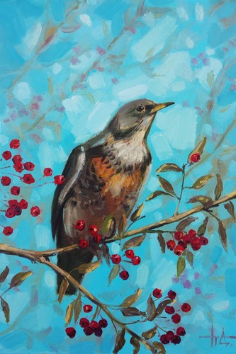 Grive chantre peinture - grive,