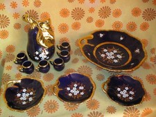 Retro Ancien SERVICE A LIQUEUR DIGESTIF REVOL PORCELAINE BLEU DE FOUR Poire