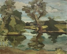 Tableau peinture ancienne paysage XXe signé