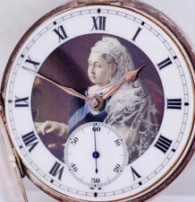 Antique Argent Sterling Poche Montre Émail Cadran Portrait De Reine Victoria