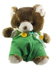 Peluche doudou ours marron brun Hazel Craft Salopette verte 26 cm bouton jaune