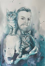 ENARA Art deco toile tableau peinture encre signée papier Chat homme nu n°20