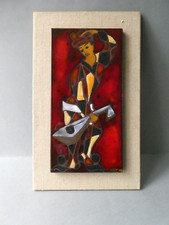 tableau, grand carreau de céramique, arlequin, signé, à identifier