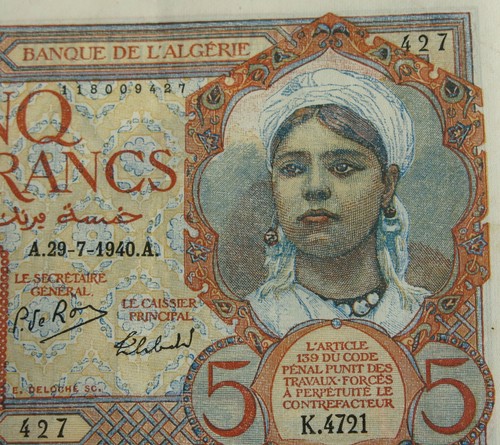 Cinq francs algerie billet de - cinq, algerie,