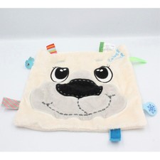 Doudou plat carré phoque blanc écru gris étiquettes LABEL - 22163