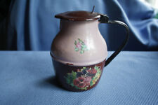 Pichet ancien en tôle émail peint fleurs rose marron