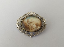 ANCIEN PENDENTIF XIXe ARGENT MASSIF OR MINIATURE PEINTE SOUS VERRE FLEUR DE LYS