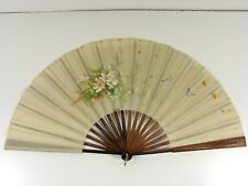 ANTIQUE 19 thC FRENCH FLOWERS HANDPAINTED SILK, FAN CARVED WOODEN STICKS
