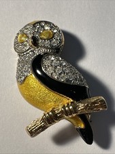 Broche Hibou Dorée, Jaune Et Noir Avec Strass Blanc  Bijoux Fantaisie