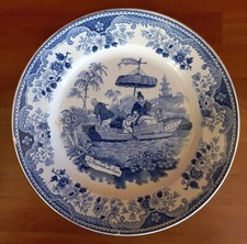 Assiette faience Montereau Louis Lebeuf Promenade sur l'eau pagode bleu