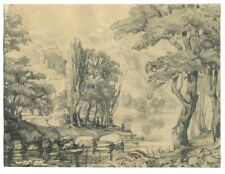 Jules DUPRÉ (1811-1889) Attrib. à Troupeau à la rivière - Dessin original ancien