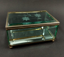 Boite à Bijoux Verre Biseauté Laiton Art Déco Vintage Gravé Fond Miroir