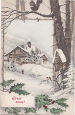 CPA Fantaisie Brillante BONNE ANNEE Paysage Hiver Ecureuil Squirrel Sparrows1908