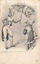 CP ILLUSTREE COUPLE ELEGANT COSTUME CHAPEAU BICORNE PARAPLUIE  - TACHETEE 24510
