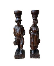 Pair of Antique French Breton Figural Wood Carving Columns, Corbel