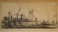 Ecole FRANCAISE XIX DESSIN PIERRE NOIRE PAYSAGE ANIME PORT MARINE PECHEURS 1850