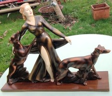 Ancienne Grande Statue Plâtre Reproduction chryséléphantine/Dames Aux Lévriers 