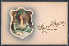 H016 Bonne Année FEMME MARQUISE PERRUQUE CHAPEAU Fine LITHO 1908