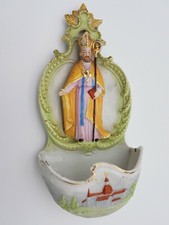 Bénitier ancien porcelaine biscuit peinte et numérotée Pape 