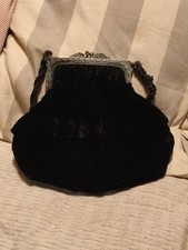 Sac Aumônière Bourse En Velours Noir Et Monture Métal Argenté Ancienne 