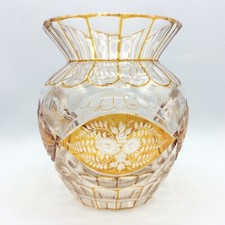 Vase cristal double soufflé coloré orange taillé décor floral Bohème début XXème