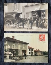 RARE CPA PHOTO ATTELAGE EPICERIE AMBULANTE BEREZIAT 01 + CPA IDEM SANS VOITURE. 