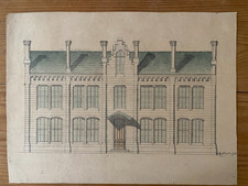 Ancien dessin d'architecture original / encre de chine  /  lavis de couleurs