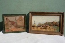 tableau peinture lot de 2 huile scène bord de mer et partie de village.