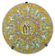 DIAM.38CM 19EME PLAT EN FAIENCE DLG DE LA RENAISSANCE ITALIENNE ANGELOT