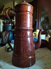 SUPERBE GRANDE  Cafetière en tôle émaillée ancienne de couleur MARRON marbré 