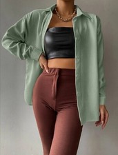 CHEMISE COTELE VELOURS LEGER MANCHE LONGUE VERT KAKI CLAIR T L = 40 42 NEUF