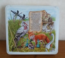boîte à biscuits métal fer / Fable de La Fontaine Le renard et la cigogne / 2003