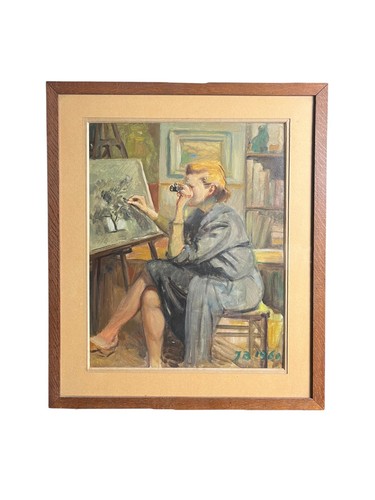 Huile sur carton femme peintre
