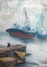 Vintage European abstract gouache painting seascape