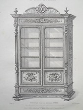 Bibliothèque à Colonnes Bois GRAVURE le MAGASIN de MEUBLES Victor QUETIN XIXéme