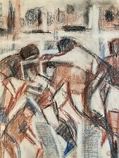 Belle Peinture Rugby Fusain 1960 Sur Papier Sport Ballon A Identifier Art Stade