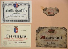 3 étiquette vin CHABLIS Vaudésir + Fourchaume 1er Cru + MEURSAULT 1964 Bourgogne