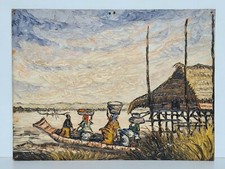 Tableau huile sur isorel paysage scène de vie Africaine signée Garou vers 1950