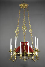 Grand Lustre De Style Rocaille En Bronze Doré à Opaline Rouge