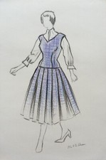 DESSIN DE MODE LA ROBE BLEUE AU MOTIF ECOSSAIS GOUACHE SIGNE DE 1956 (8)