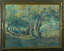 Tableau ancien grand  paysage Corse Emile Appay Âne Chemin Mer village aquarelle