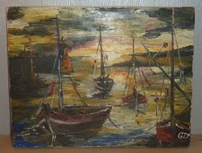 tableau huile sur toile marine bateau voilier mer peinture signée GD fin 20 éme